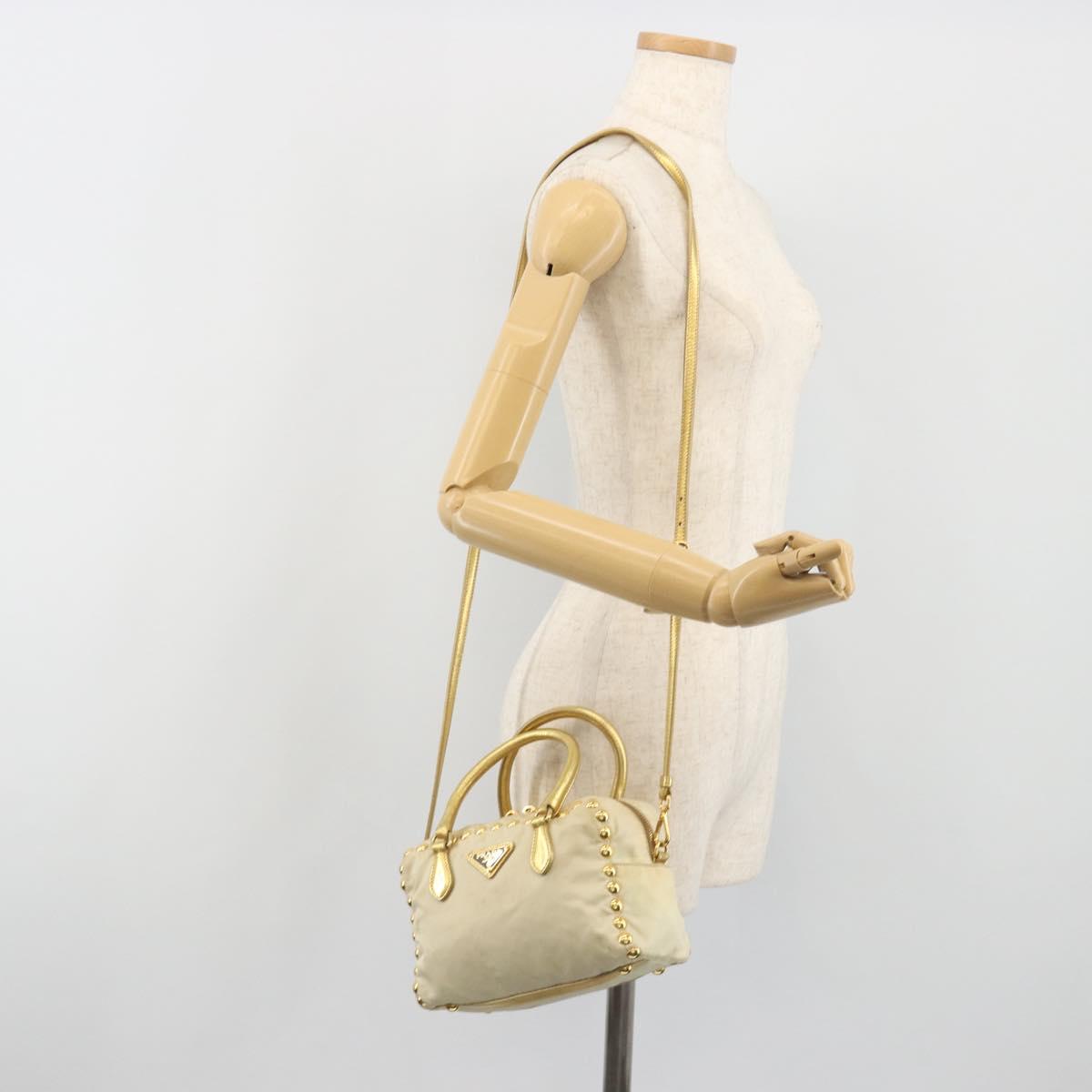 PRADA Shoulder Bag Nylon 2way Beige Gold Auth 193402A