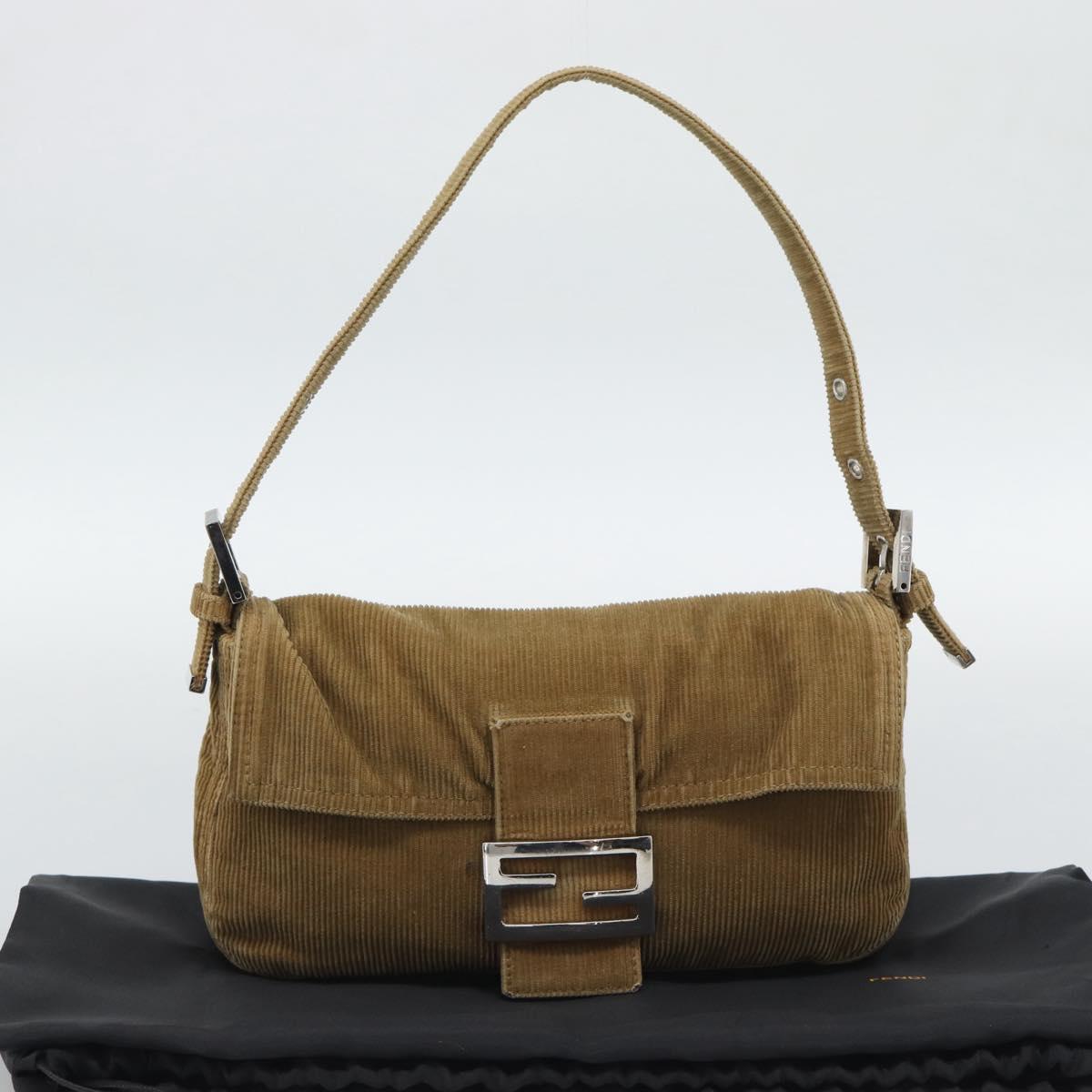 FENDI Mamma Baguette Shoulder Bag Corduroy Beige Silver Auth 193421V