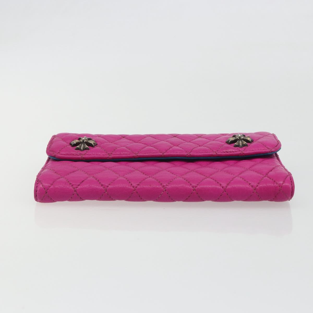 Chrome Hearts Wave 4 3-Snap Quilted Long Wallet Leather Pink Auth 193426SM