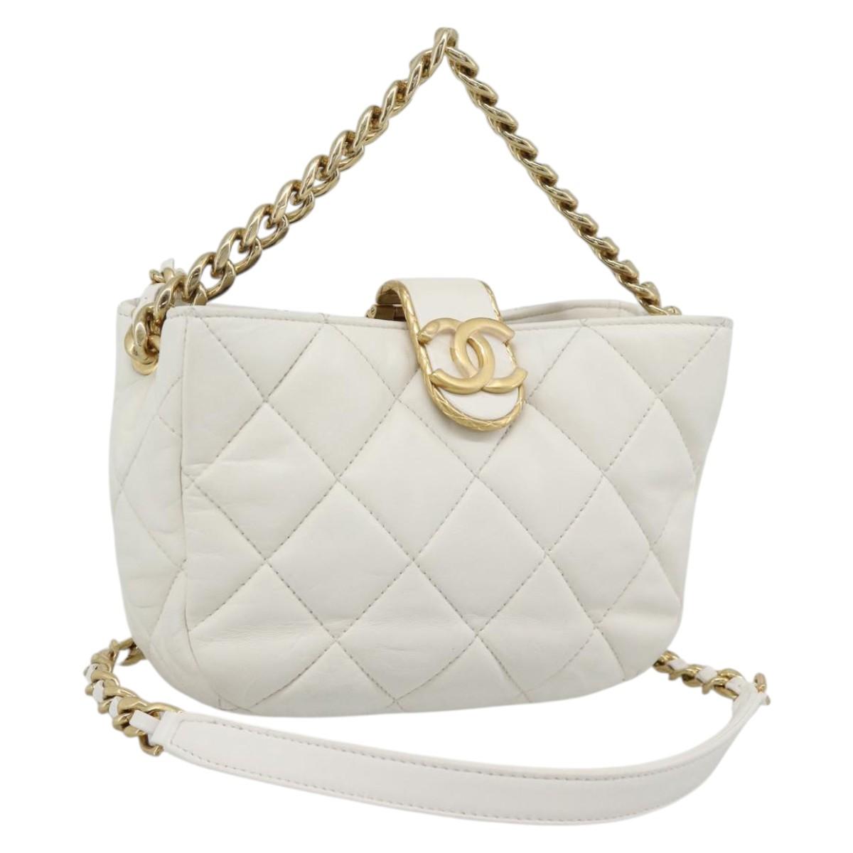 CHANEL Matelasse Chain Shoulder Bag Lamb Skin 2way White Gold CC Auth 193428SAM