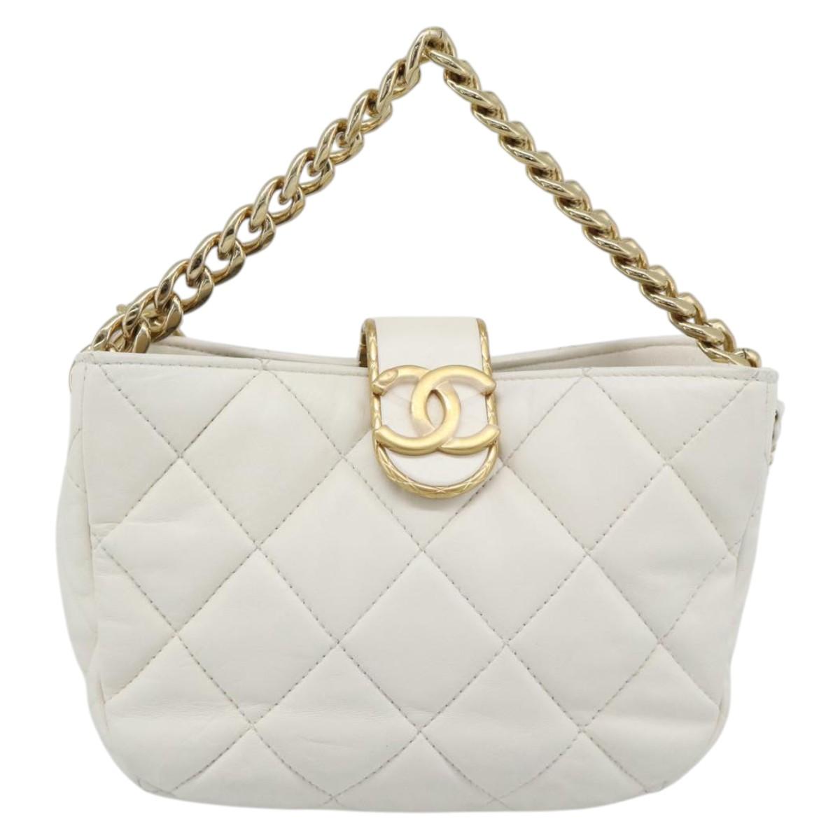 CHANEL Matelasse Chain Shoulder Bag Lamb Skin 2way White Gold CC Auth 193428SAM
