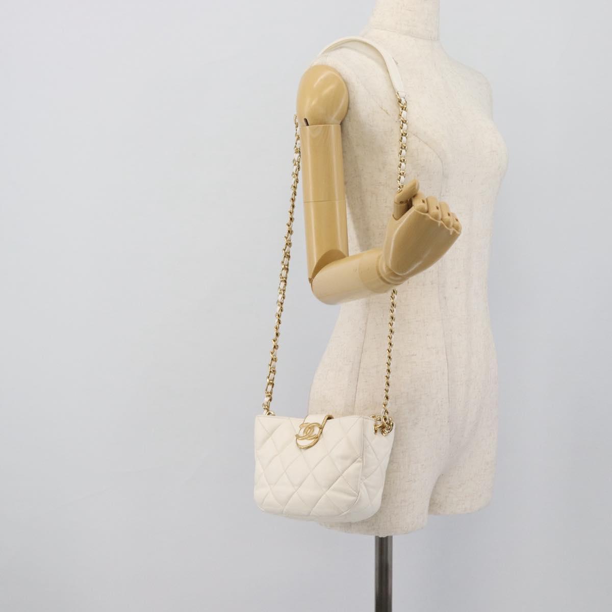 CHANEL Matelasse Chain Shoulder Bag Lamb Skin 2way White Gold CC Auth 193428SAM