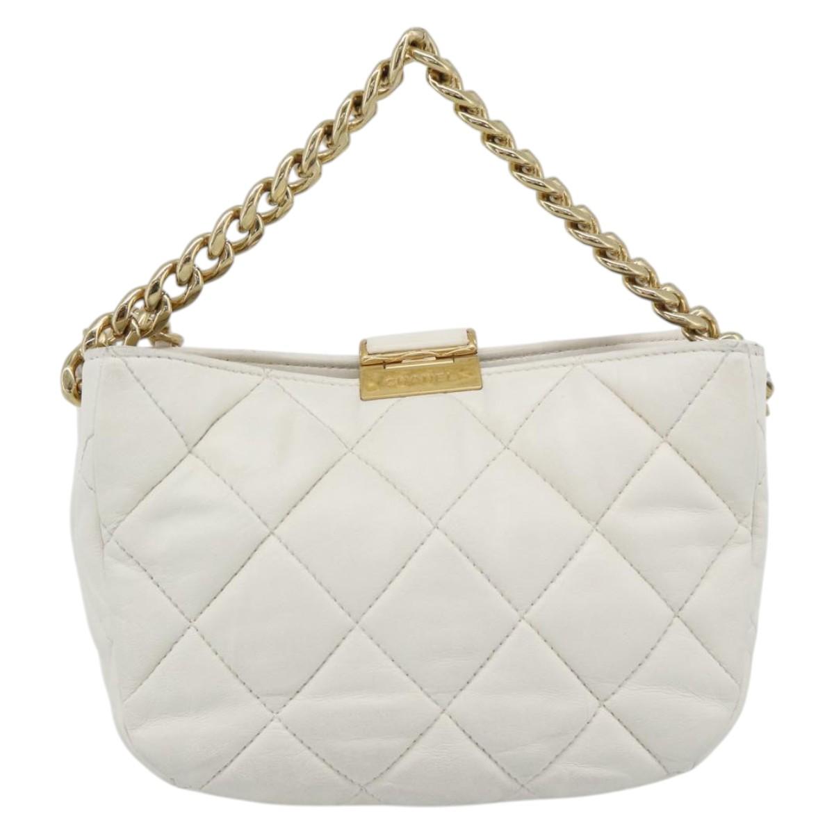 CHANEL Matelasse Chain Shoulder Bag Lamb Skin 2way White Gold CC Auth 193428SAM