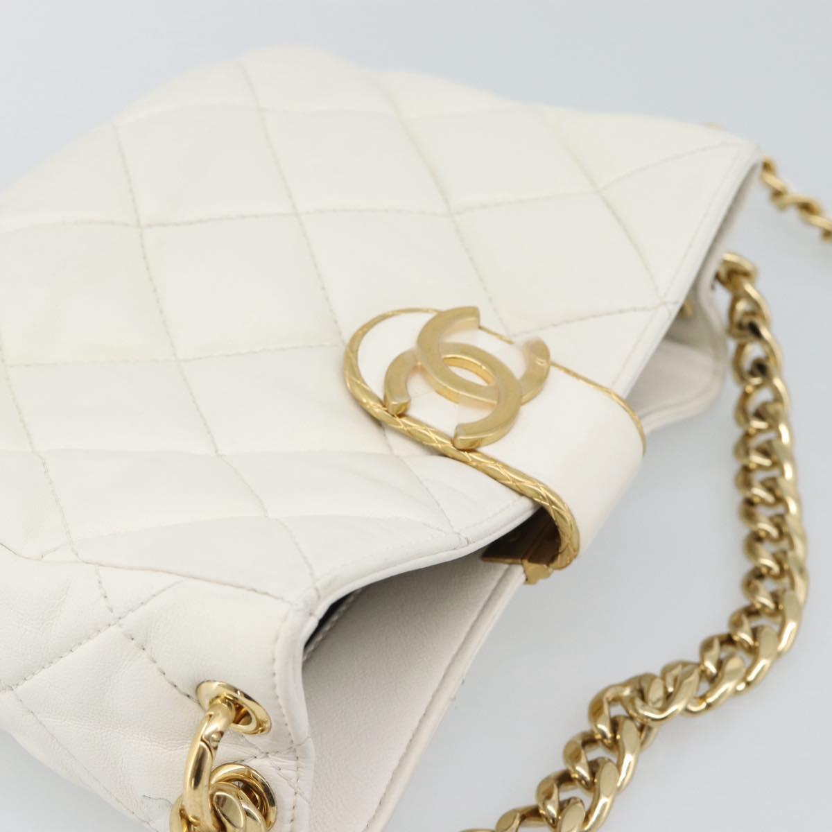 CHANEL Matelasse Chain Shoulder Bag Lamb Skin 2way White Gold CC Auth 193428SAM