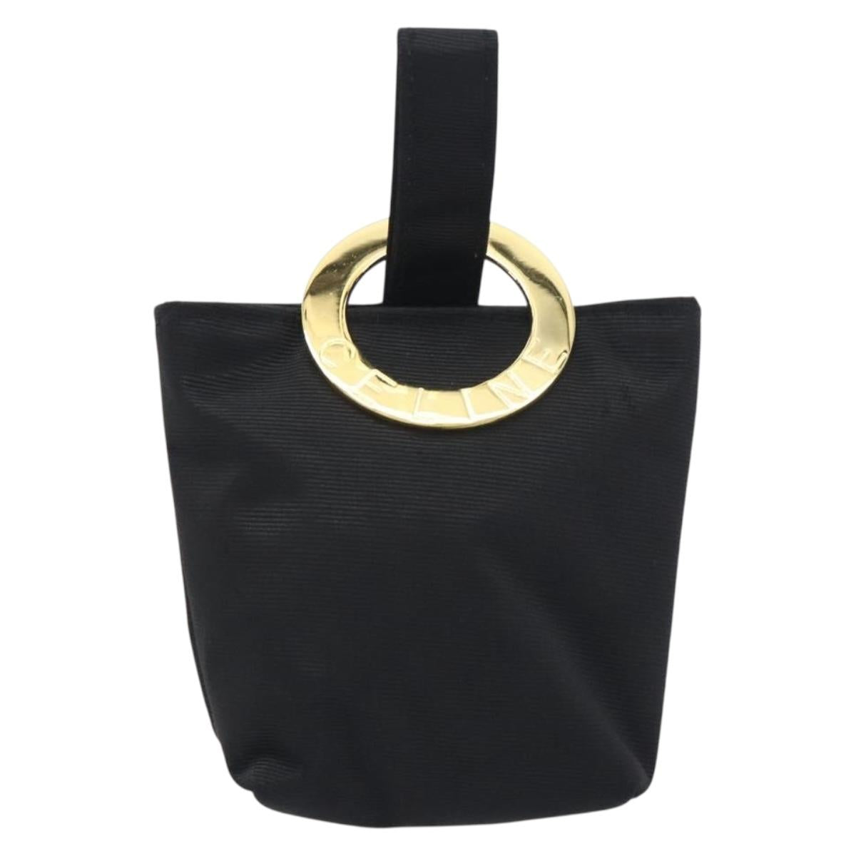 CELINE Circle Pouch Canvas Black Gold Tone Auth 193429A