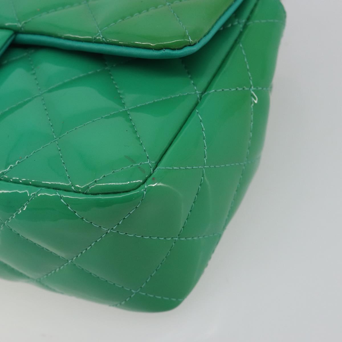 CHANEL Chain Matelasse 20 Bag Patent Leather Green Silver CC Auth 193442A