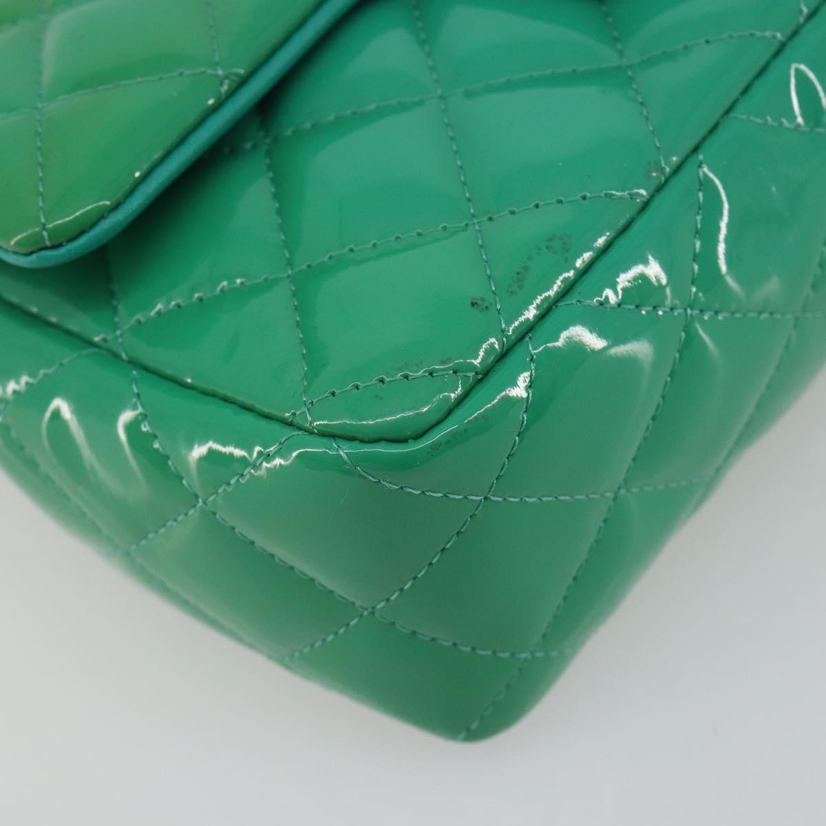 CHANEL Chain Matelasse 20 Bag Patent Leather Green Silver CC Auth 193442A
