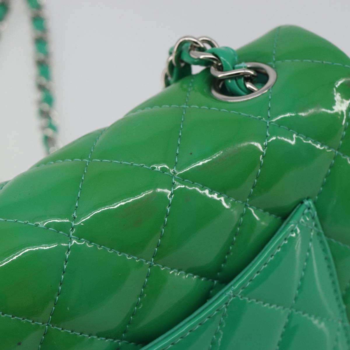 CHANEL Chain Matelasse 20 Bag Patent Leather Green Silver CC Auth 193442A