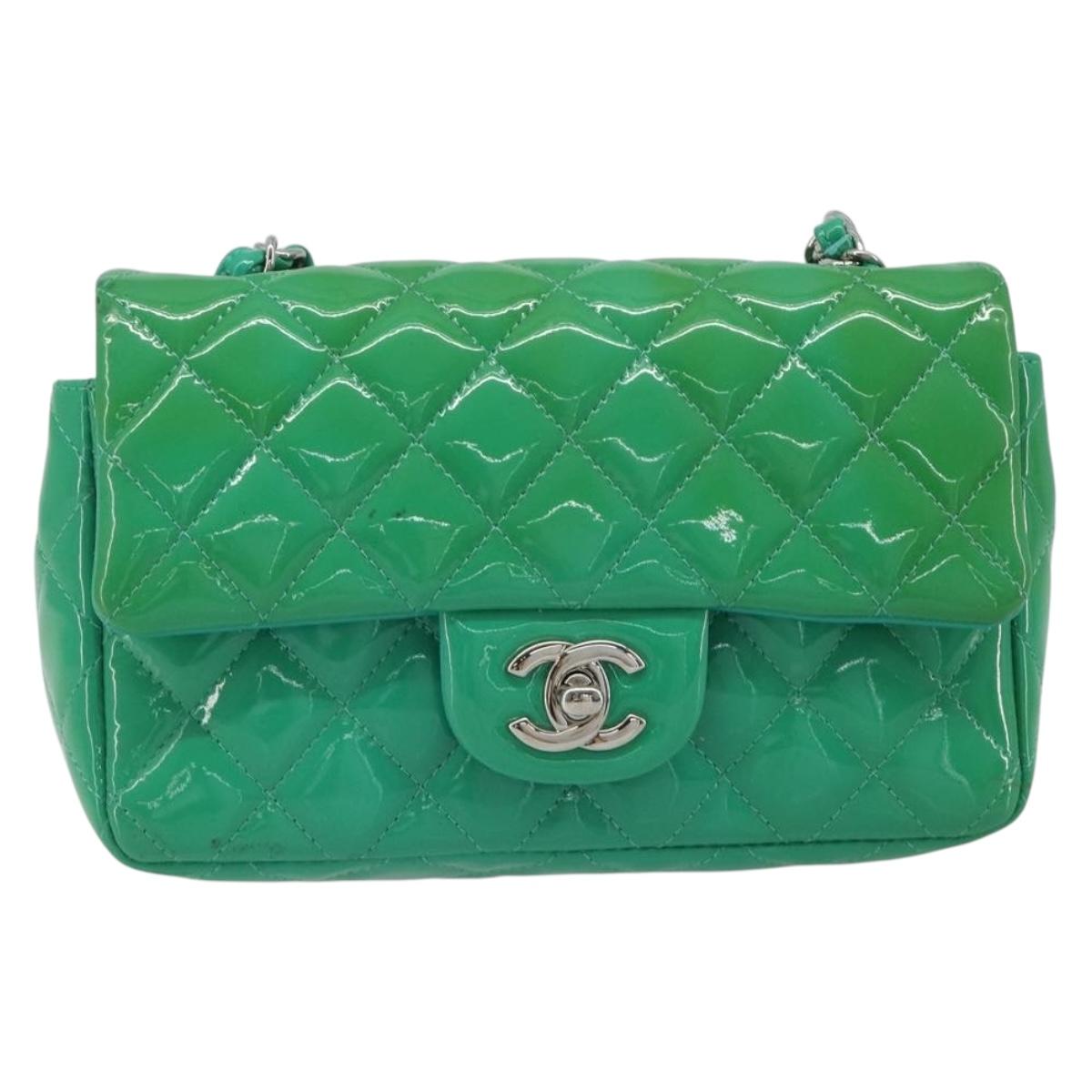 CHANEL Chain Matelasse 20 Bag Patent Leather Green Silver CC Auth 193442A