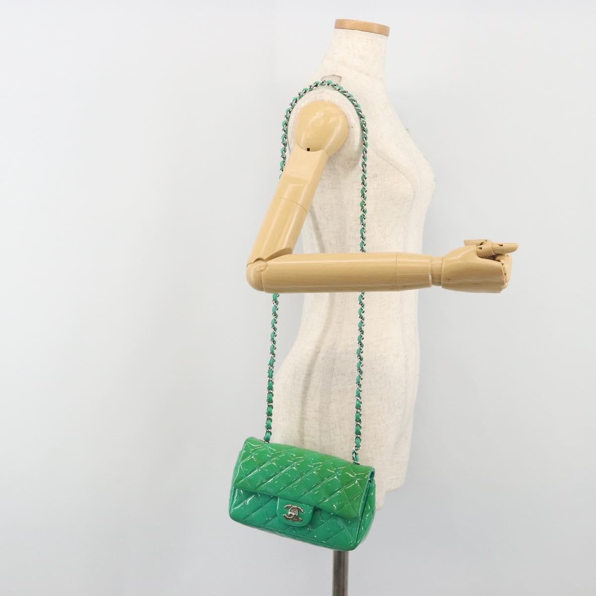 CHANEL Chain Matelasse 20 Bag Patent Leather Green Silver CC Auth 193442A