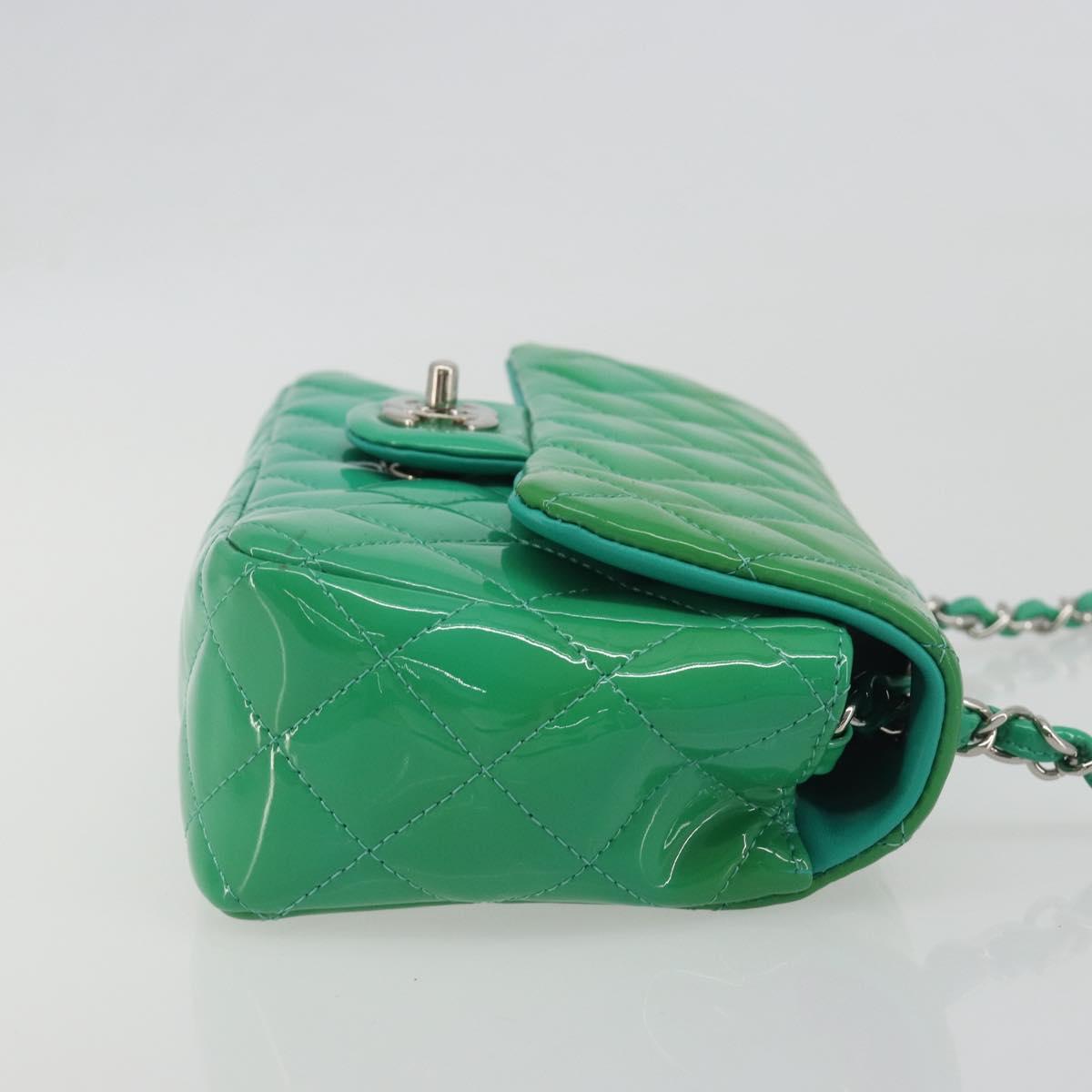 CHANEL Chain Matelasse 20 Bag Patent Leather Green Silver CC Auth 193442A
