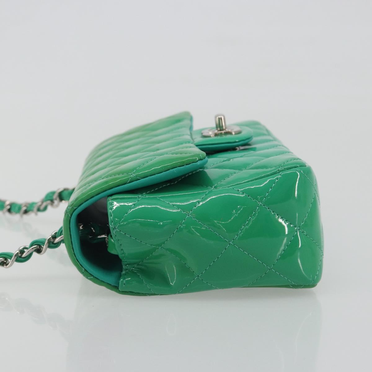CHANEL Chain Matelasse 20 Bag Patent Leather Green Silver CC Auth 193442A