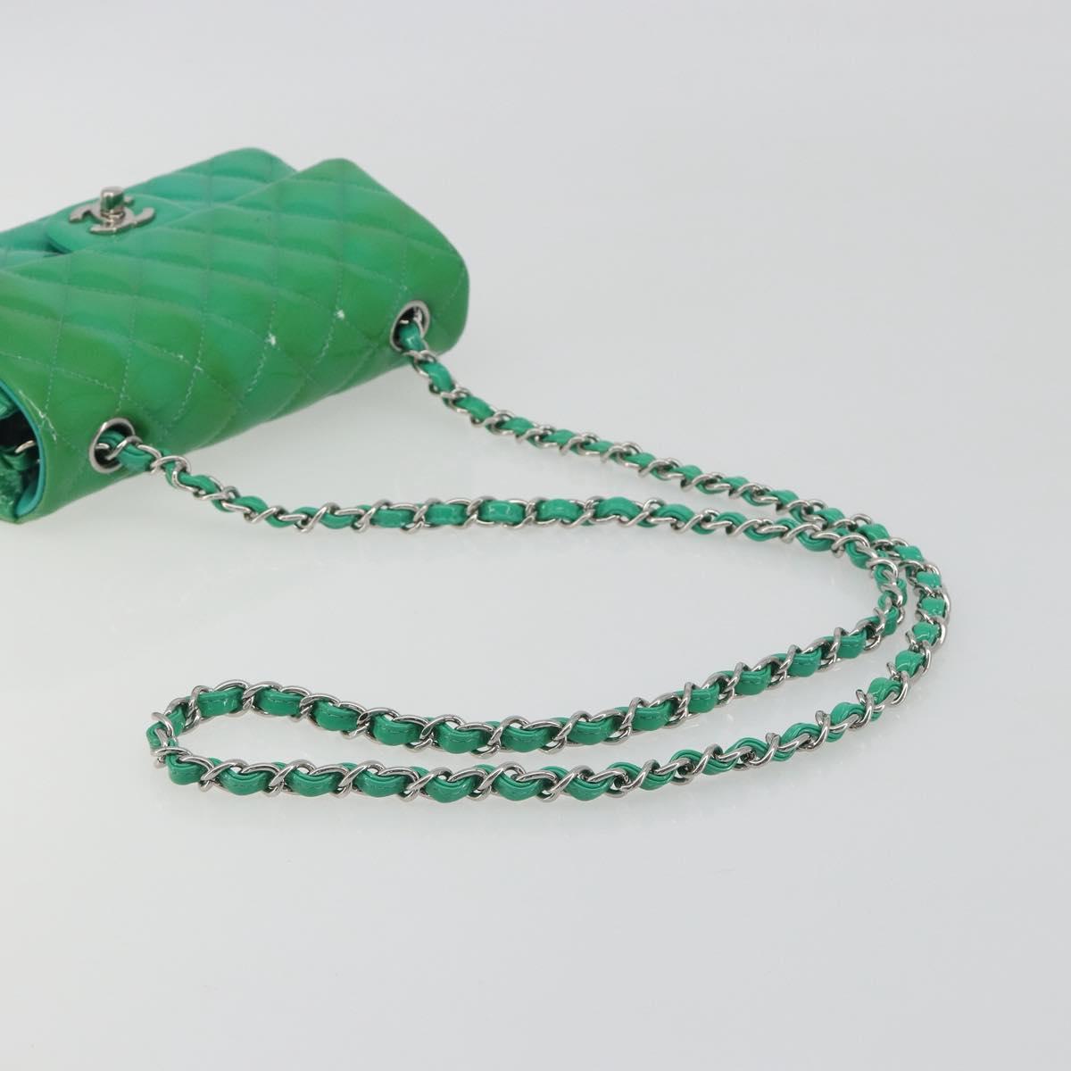 CHANEL Chain Matelasse 20 Bag Patent Leather Green Silver CC Auth 193442A