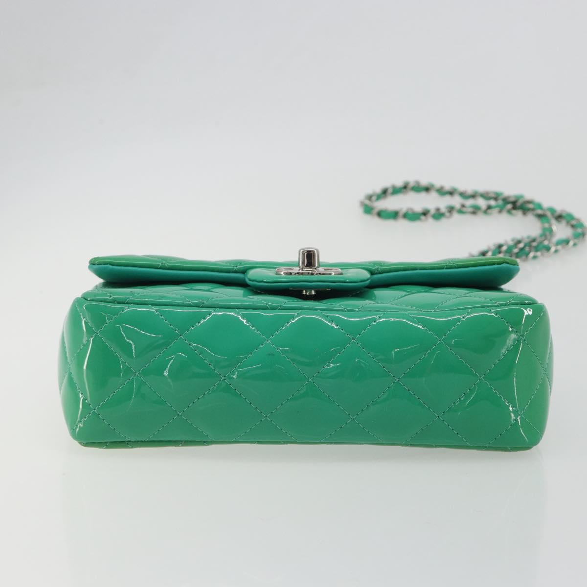 CHANEL Chain Matelasse 20 Bag Patent Leather Green Silver CC Auth 193442A