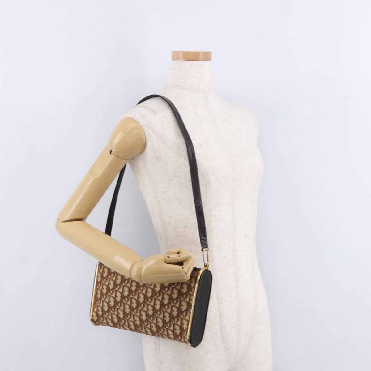 Christian Dior Trotter Canvas Shoulder Bag Beige Gold Auth 193513