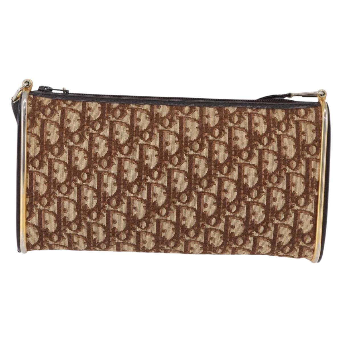 Christian Dior Trotter Canvas Shoulder Bag Beige Gold Auth 193513