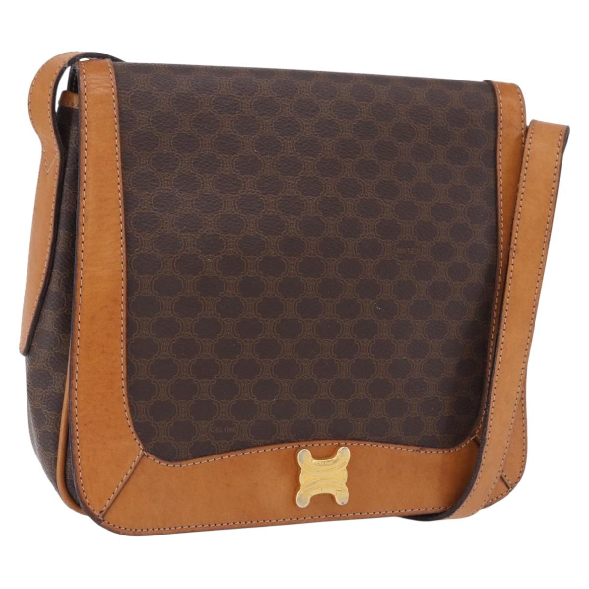 CELINE Macadam Canvas Shoulder Bag PVC Leather Brown Gold Auth 193516