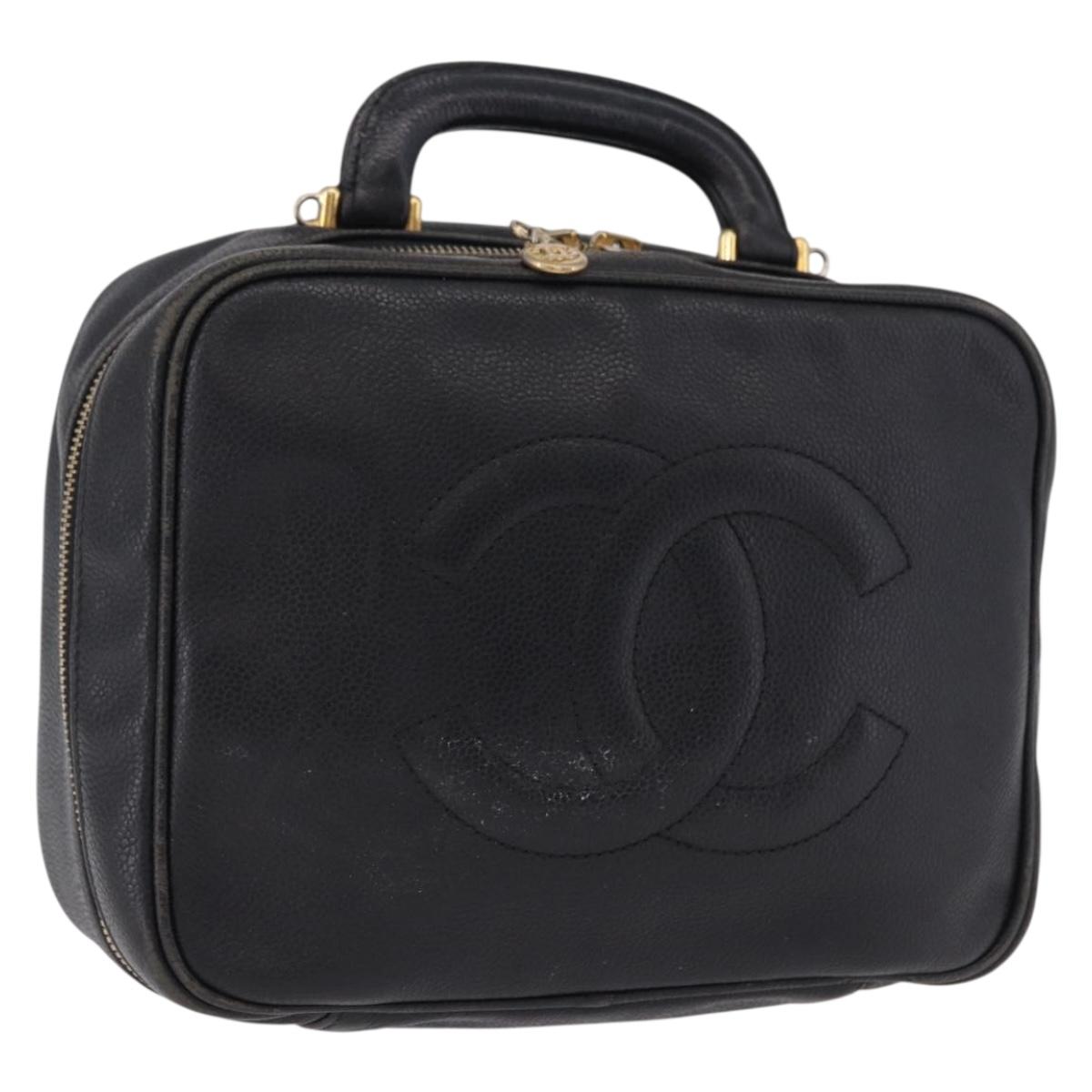 CHANEL COCO Mark Vanity Hand Bag Caviar Skin Black Gold CC Auth 193527
