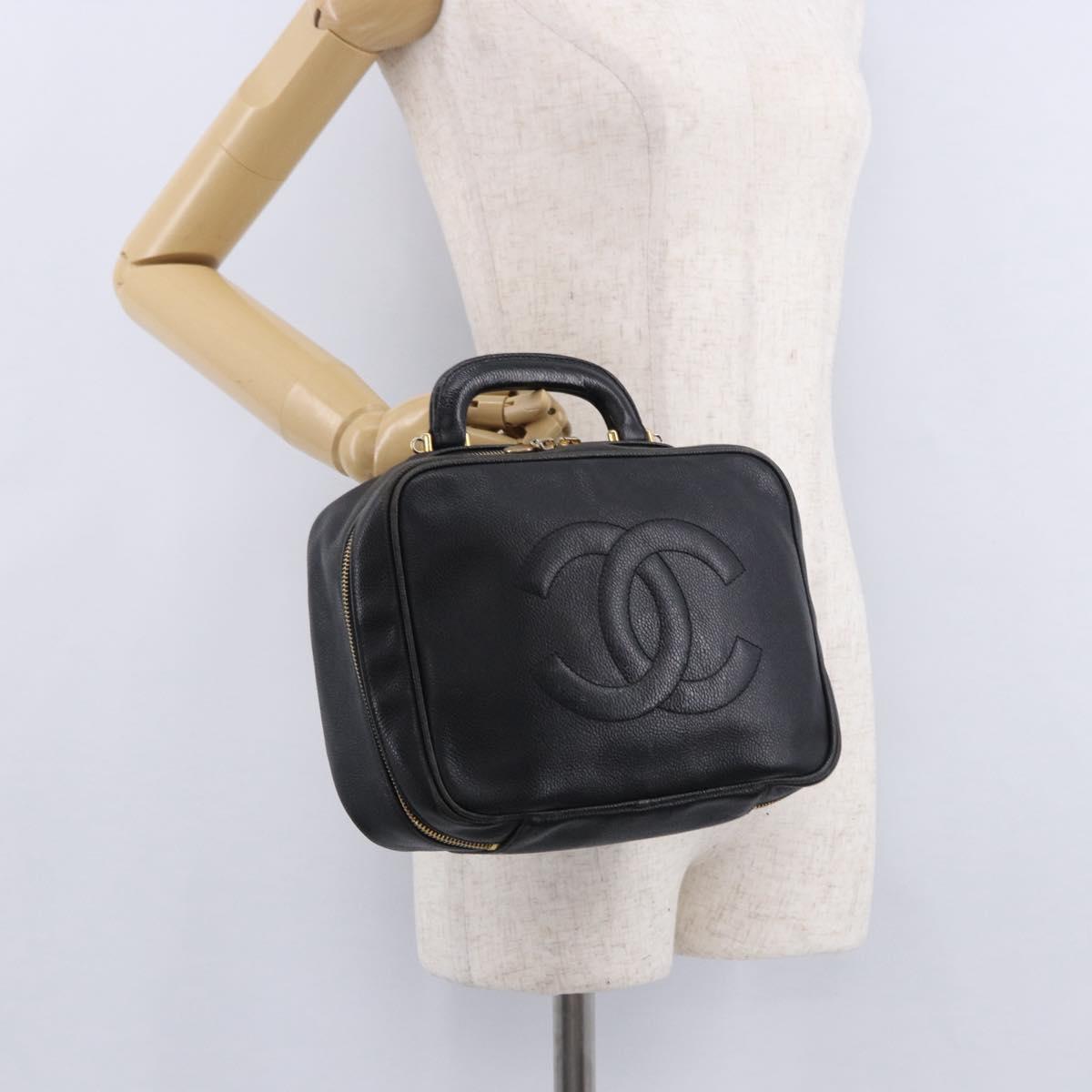 CHANEL COCO Mark Vanity Hand Bag Caviar Skin Black Gold CC Auth 193527