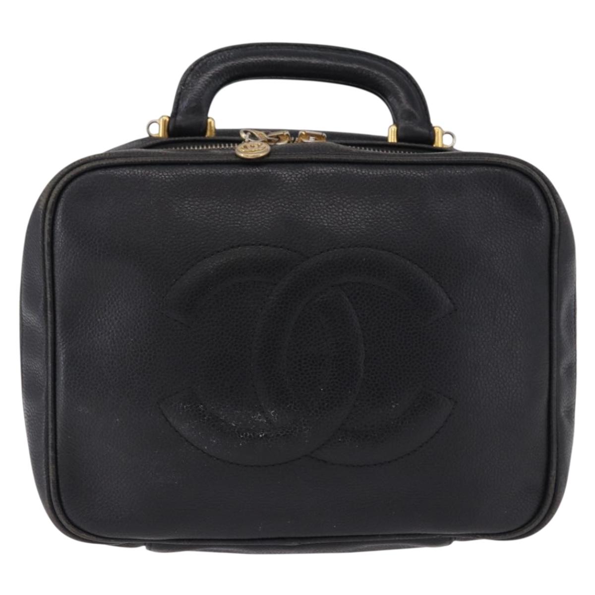 CHANEL COCO Mark Vanity Hand Bag Caviar Skin Black Gold CC Auth 193527