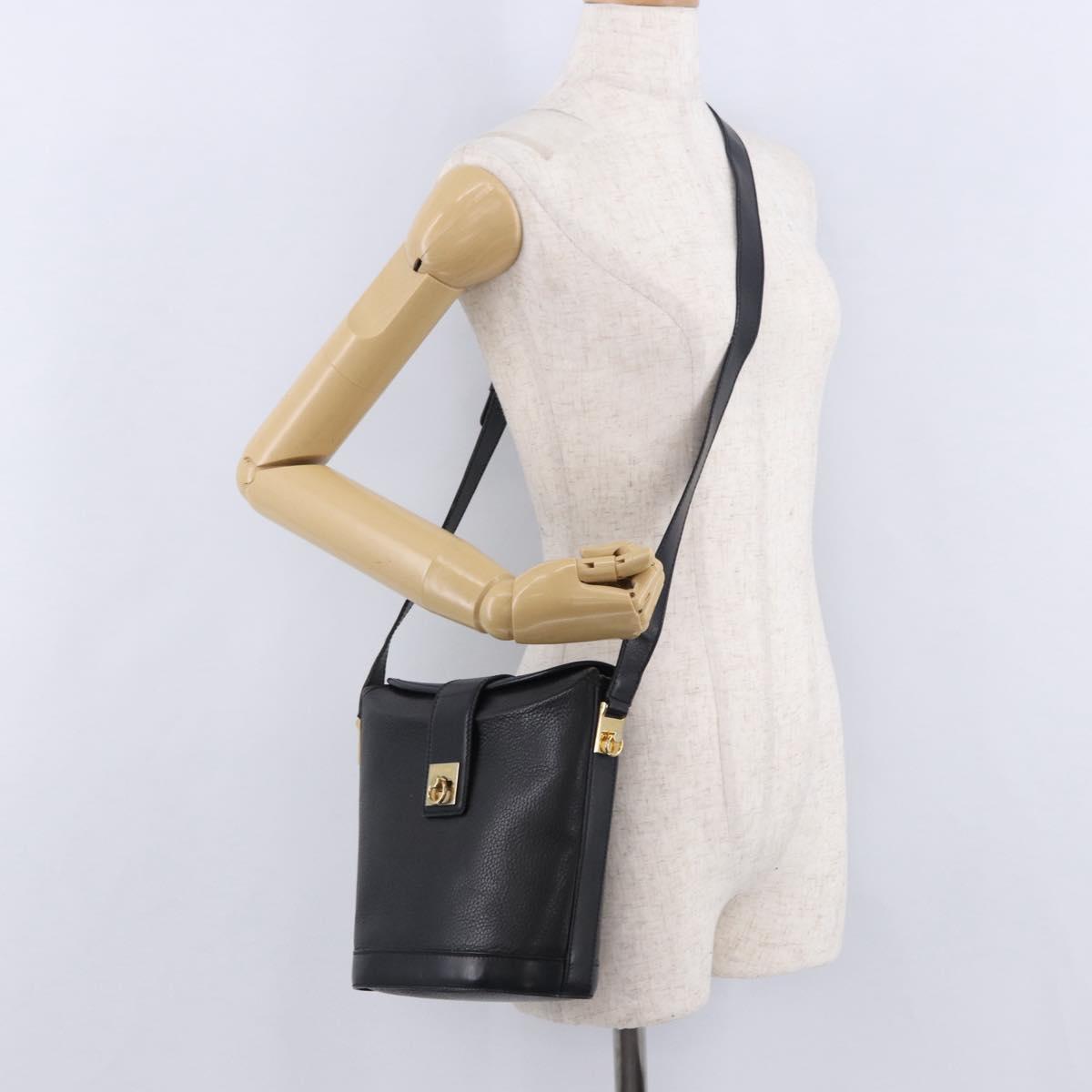 CELINE Shoulder Bag Leather Black Gold Auth 193528