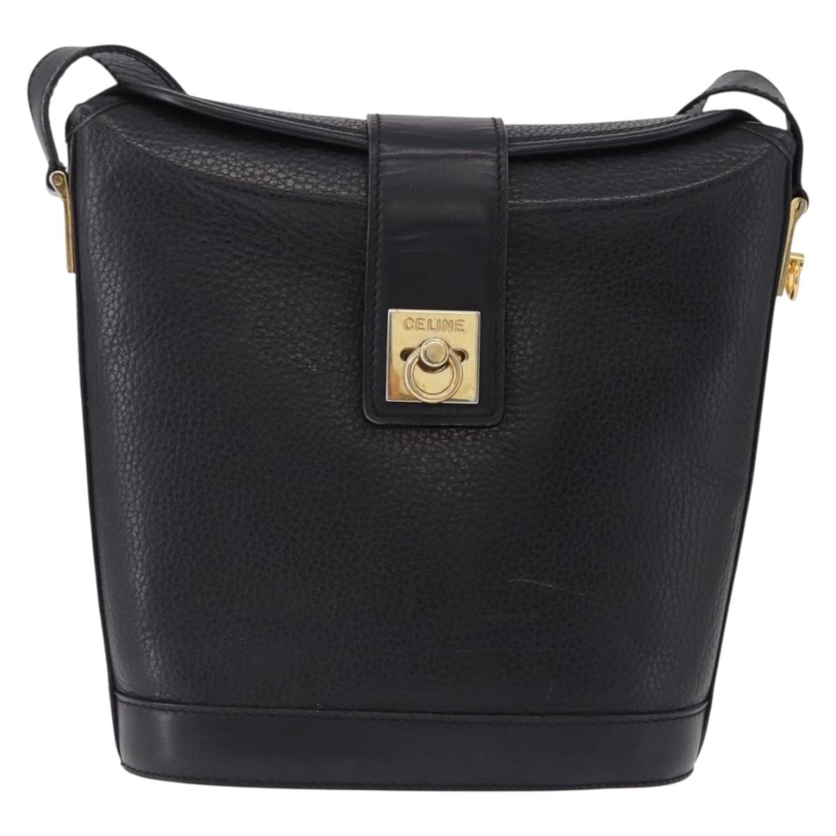 CELINE Shoulder Bag Leather Black Gold Auth 193528