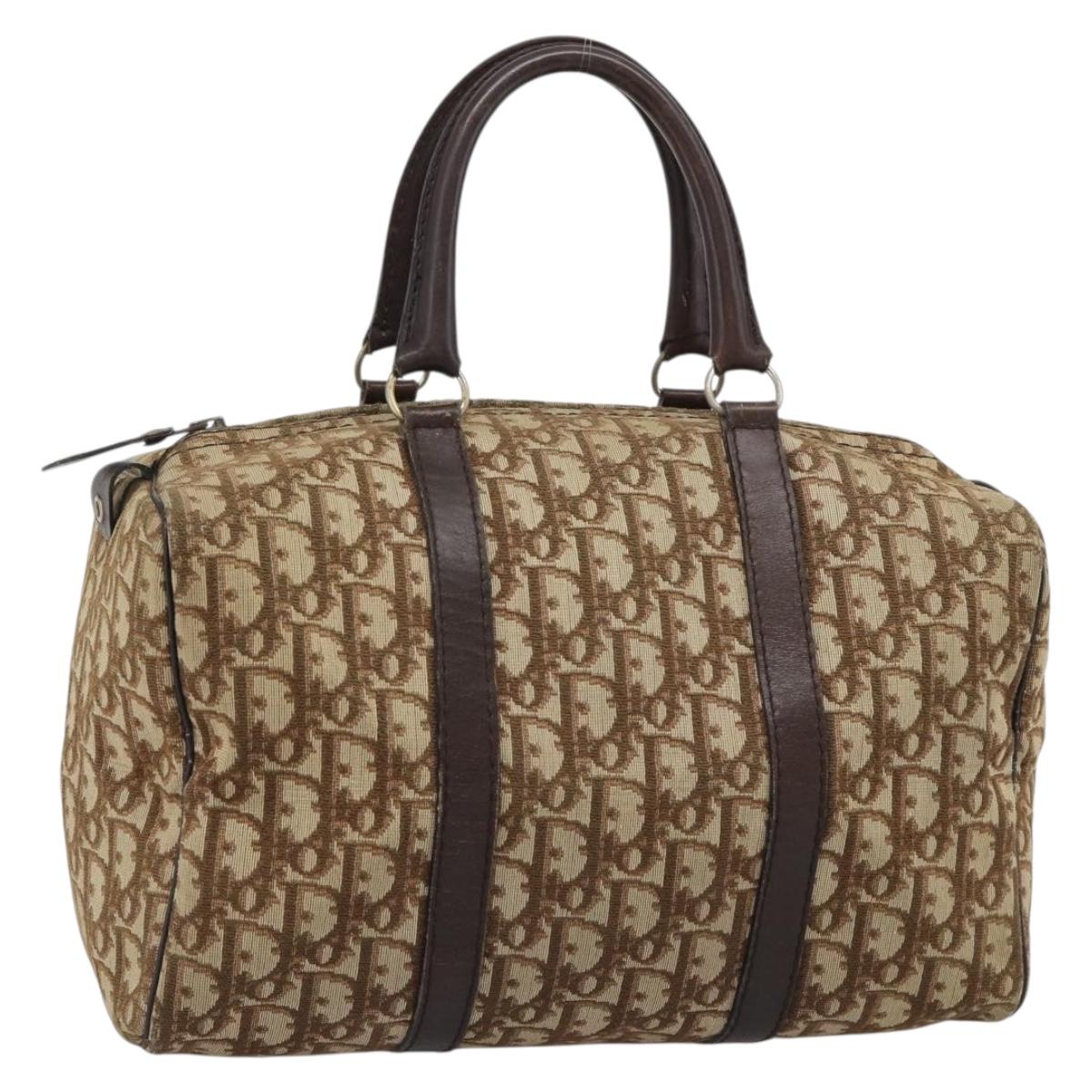 Christian Dior Trotter Canvas Boston Bag Beige Gold Auth 193530