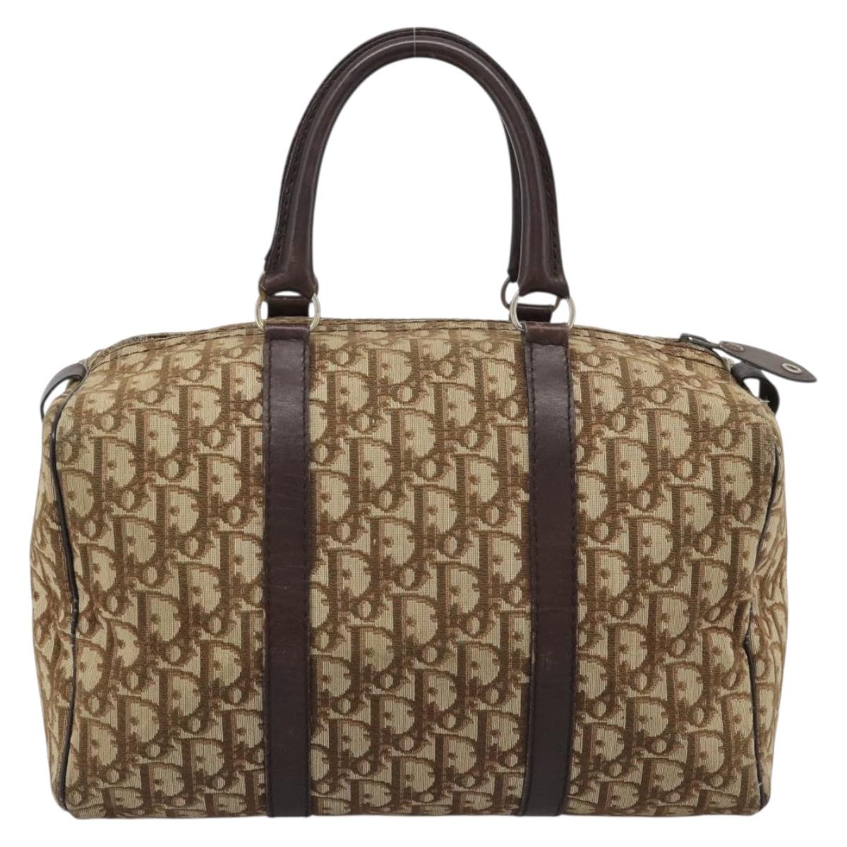 Christian Dior Trotter Canvas Boston Bag Beige Gold Auth 193530