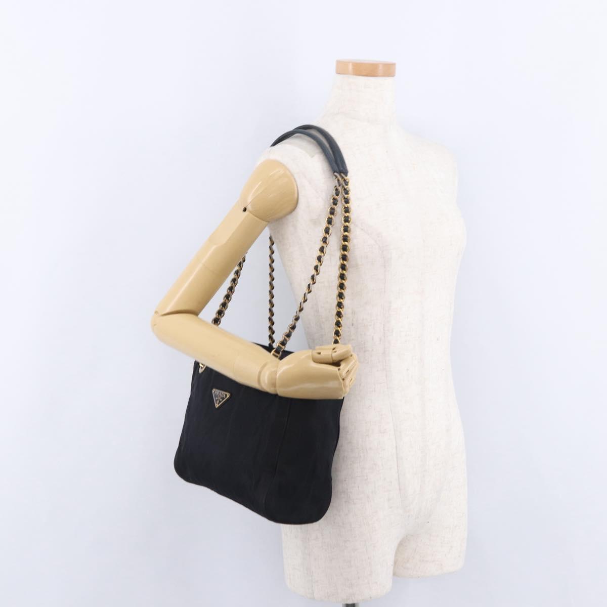 PRADA Chain Shoulder Tote Bag Nylon Black Gold Auth 193554