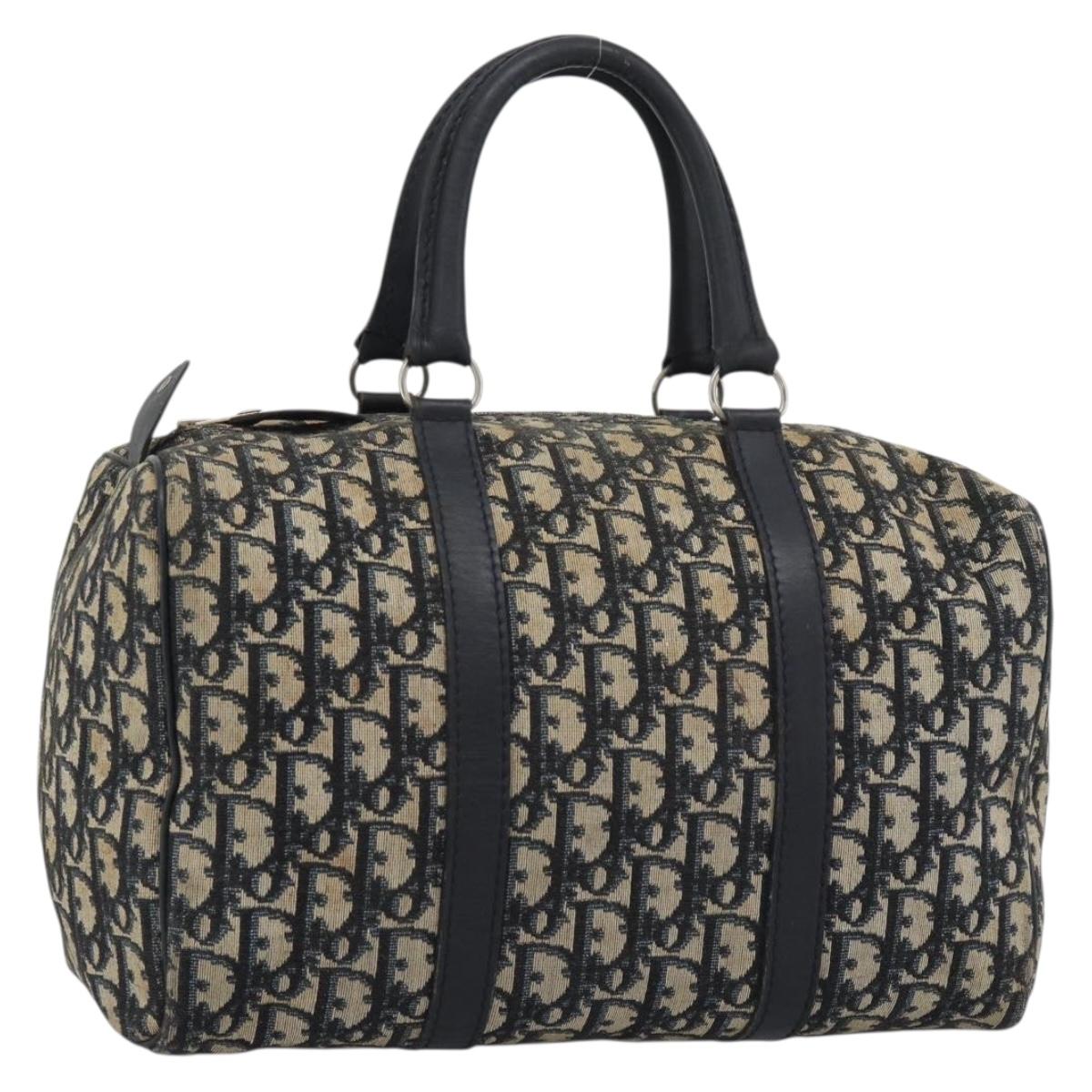 Christian Dior Trotter Canvas Boston Bag Navy Silver Auth 193558