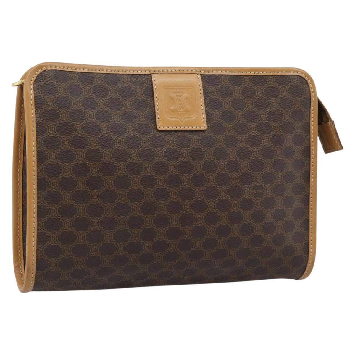 CELINE Macadam Canvas Clutch Bag PVC Leather Brown Gold Auth 193559A