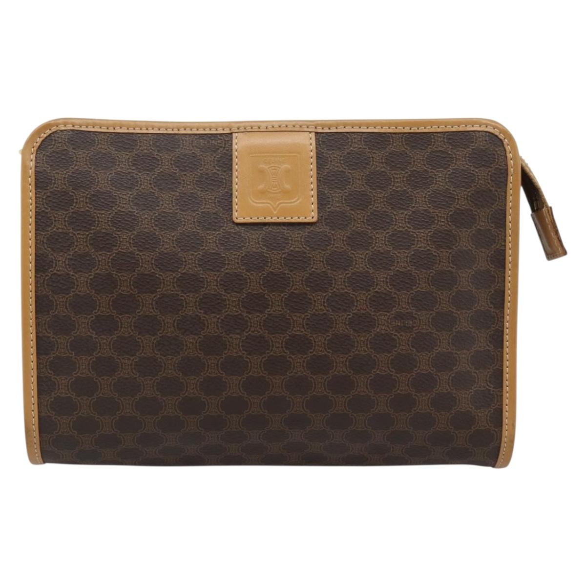 CELINE Macadam Canvas Clutch Bag PVC Leather Brown Gold Auth 193559A