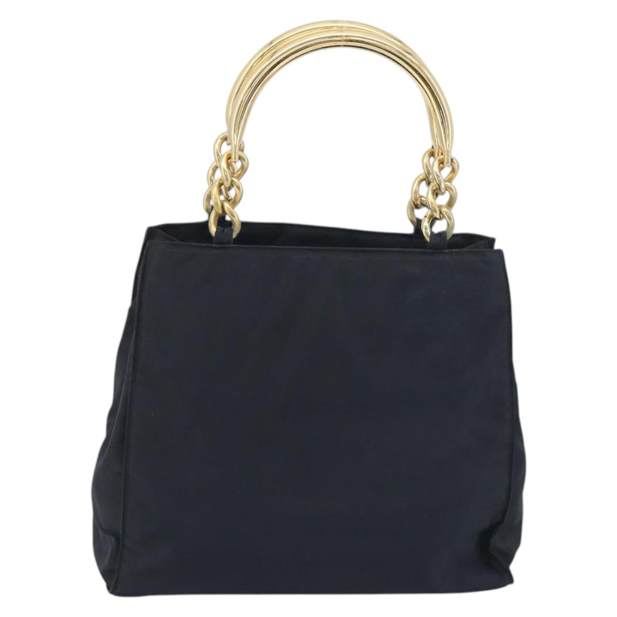 PRADA Chain Hand Bag Nylon Navy Gold Auth 193568A