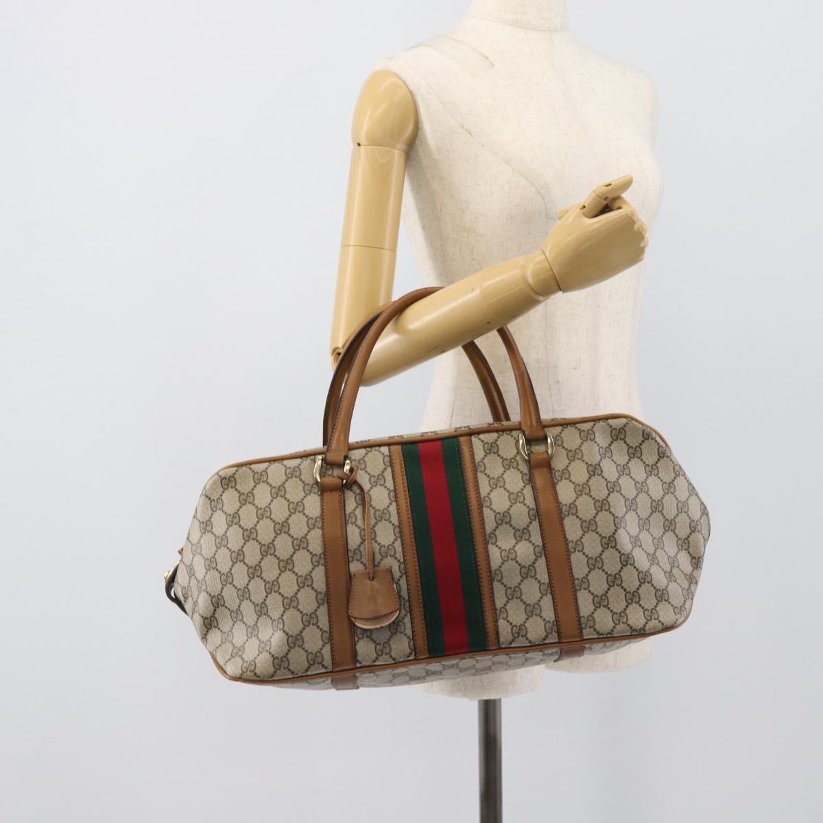 GUCCI GG Supreme Web Sherry Line Boston Bag PVC Beige Gold Auth 193576A