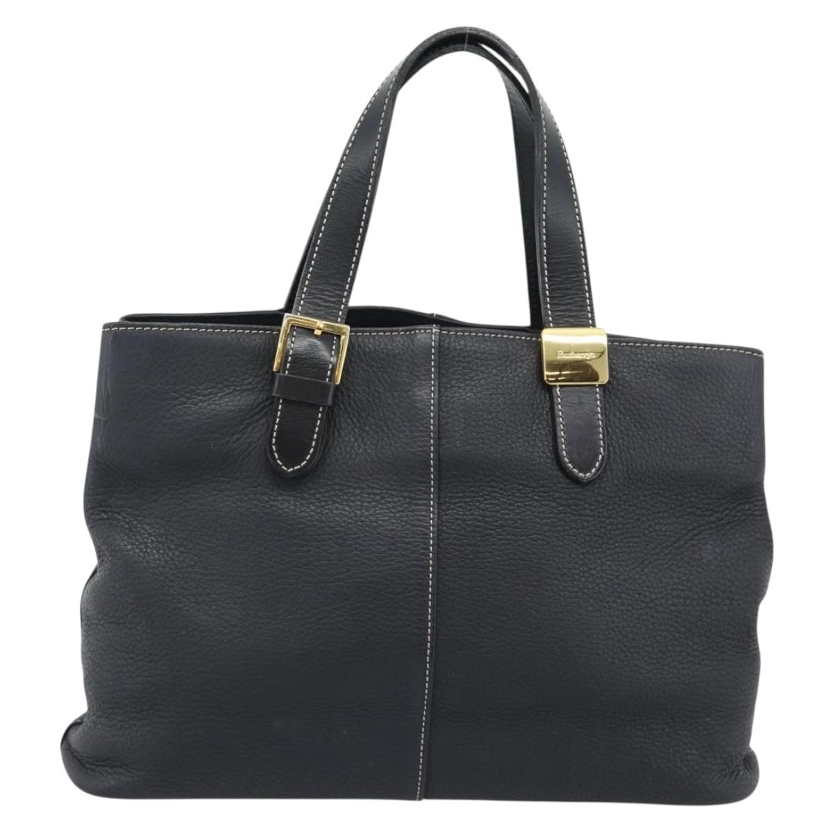 Burberrys Hand Bag Leather Black Gold Auth 193582A