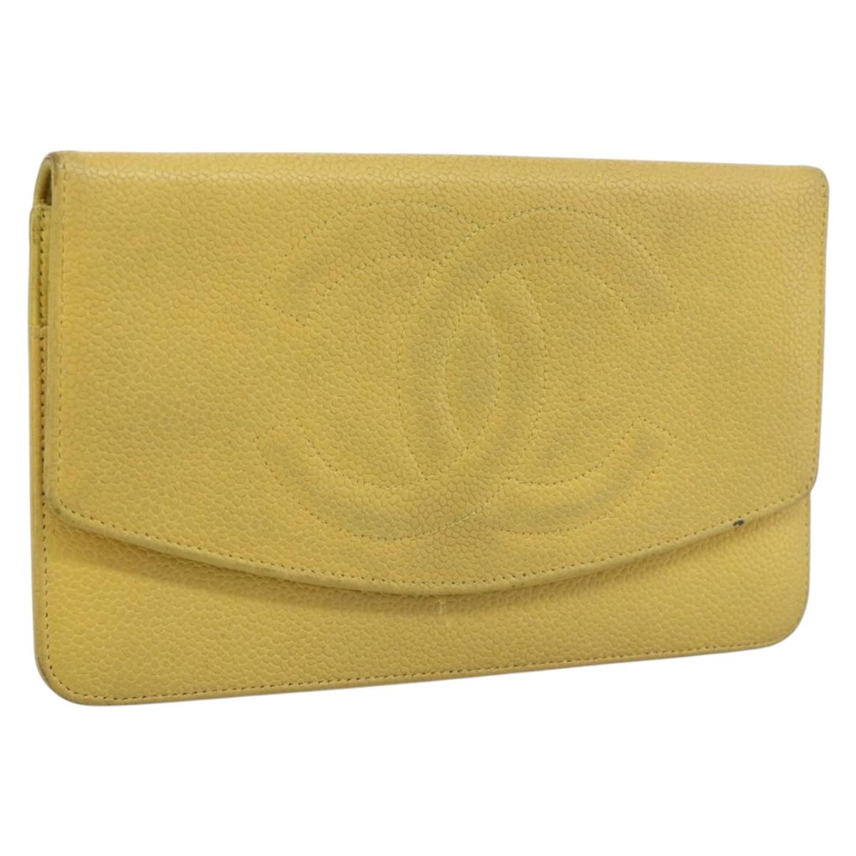CHANEL COCO Mark Long Wallet Caviar Skin Yellow Gold CC Auth 193588