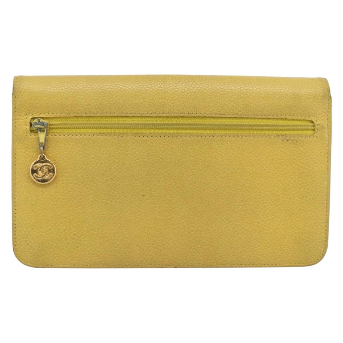 CHANEL COCO Mark Long Wallet Caviar Skin Yellow Gold CC Auth 193588