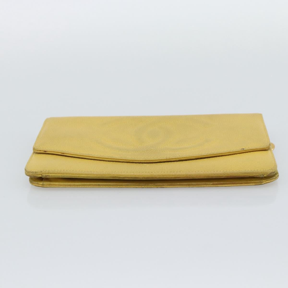CHANEL COCO Mark Long Wallet Caviar Skin Yellow Gold CC Auth 193588