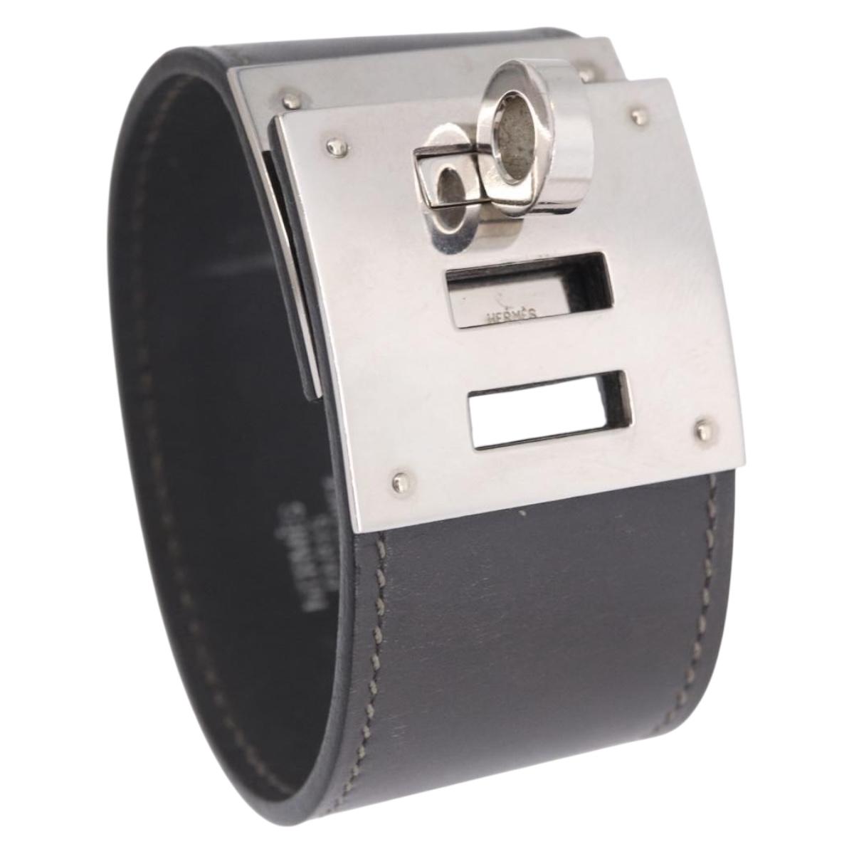 HERMES Kelly Dog Bracelet Leather Black Silver Auth 193603