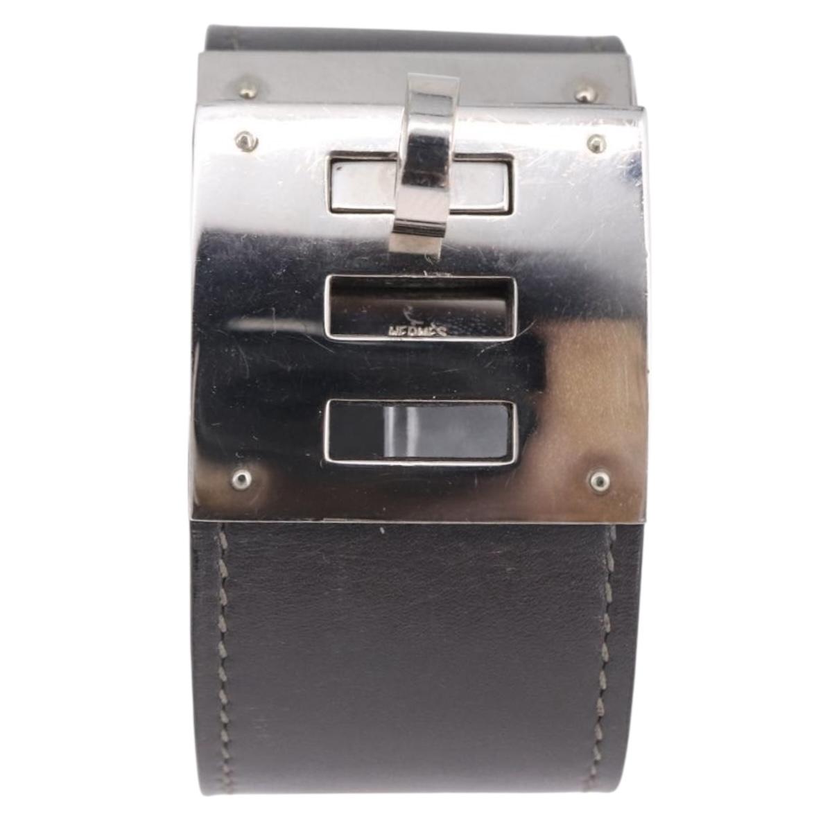 HERMES Kelly Dog Bracelet Leather Black Silver Auth 193603