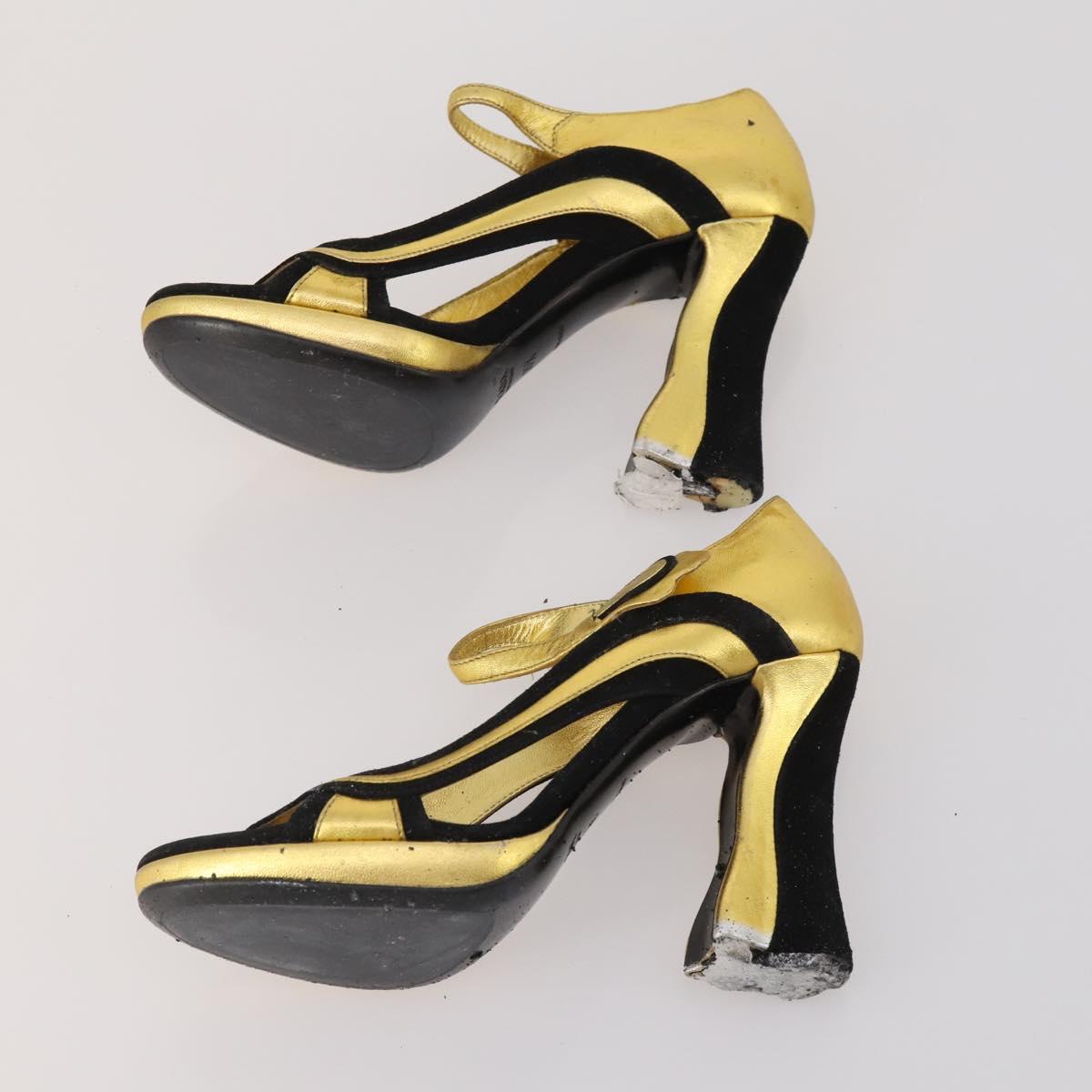 CELINE PRADA Sandals Leather 2 Set Beige Gold Auth 193715
