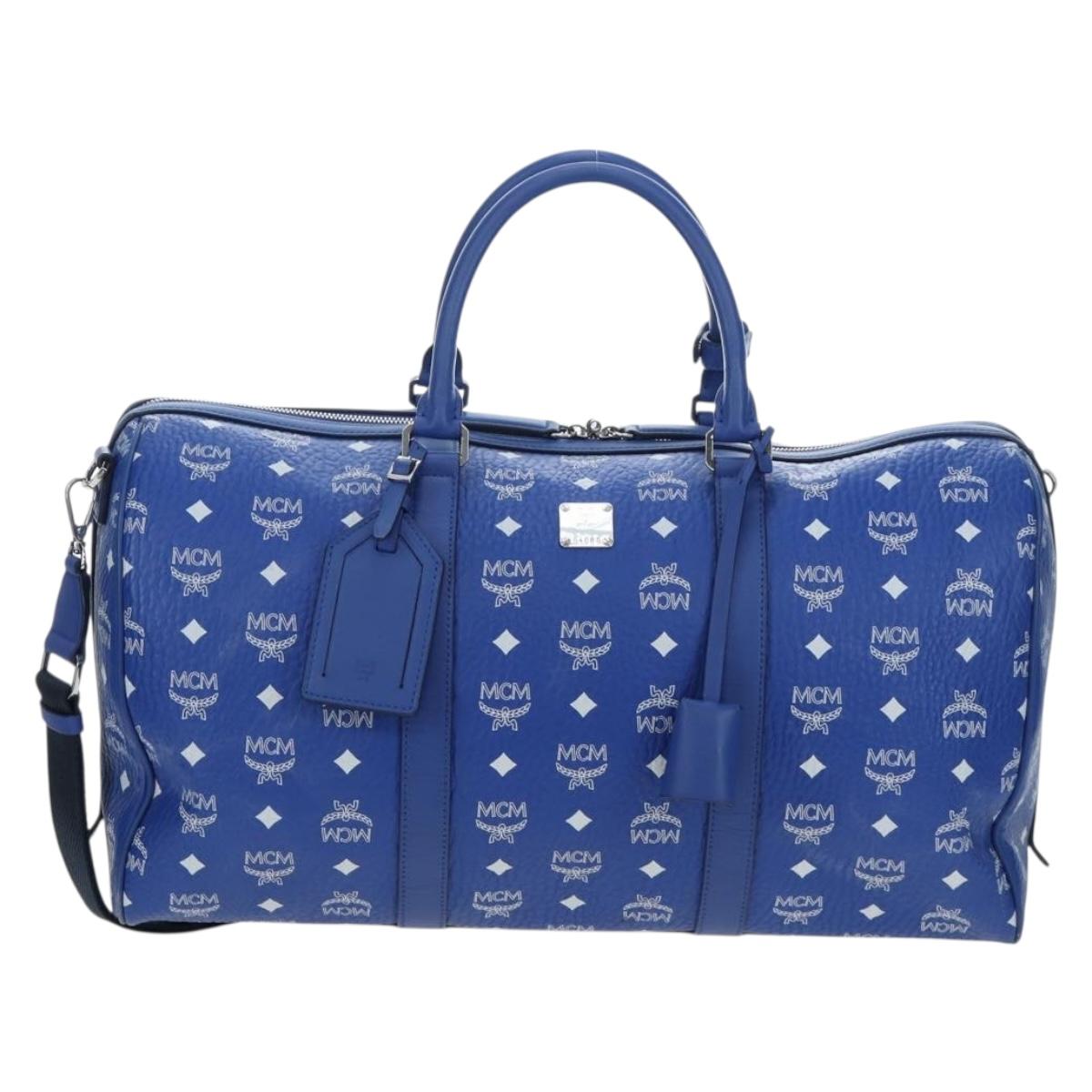 MCM Logogram Vicetos Mini Boston Bag Leather 2way Blue Silver Auth 193751V