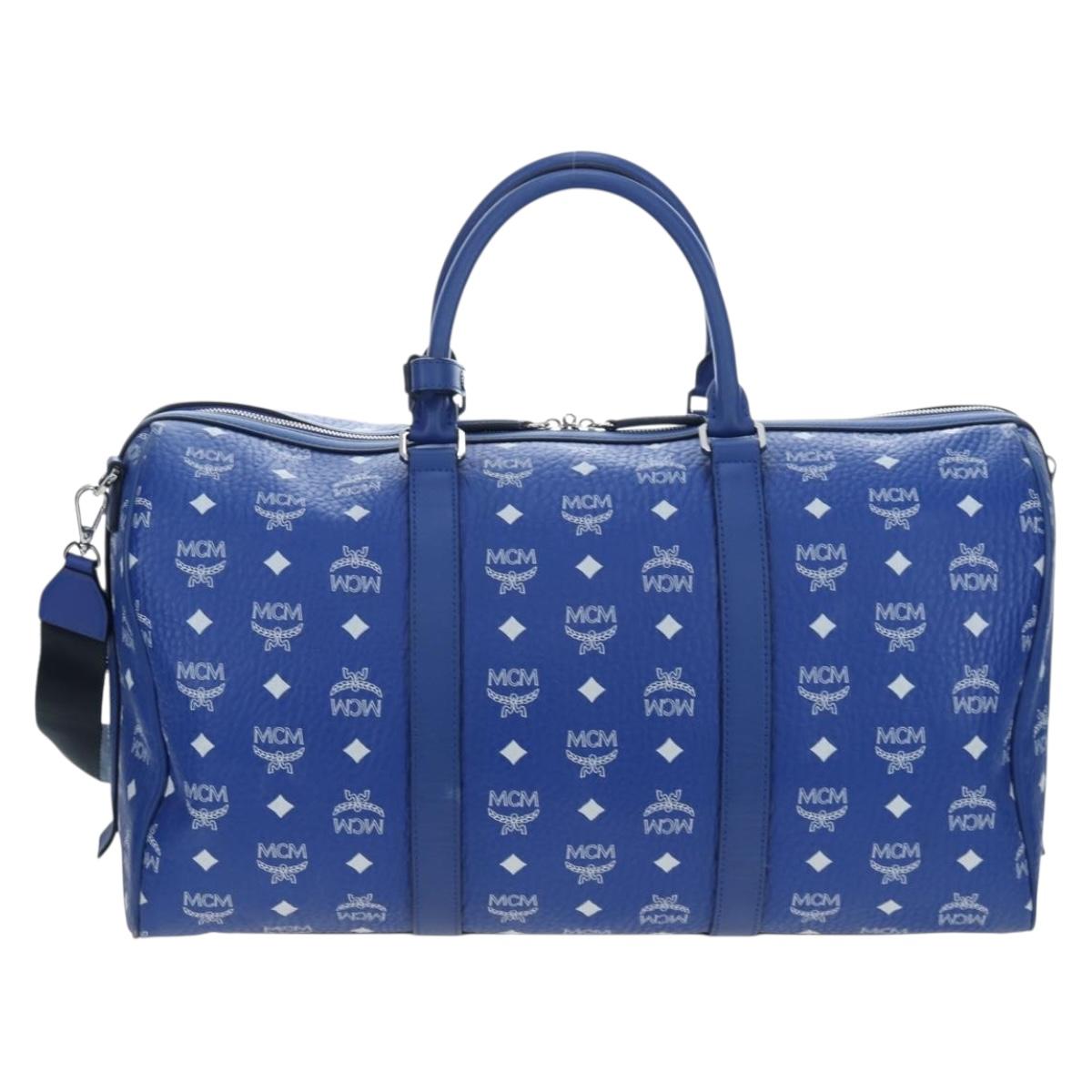 MCM Logogram Vicetos Mini Boston Bag Leather 2way Blue Silver Auth 193751V
