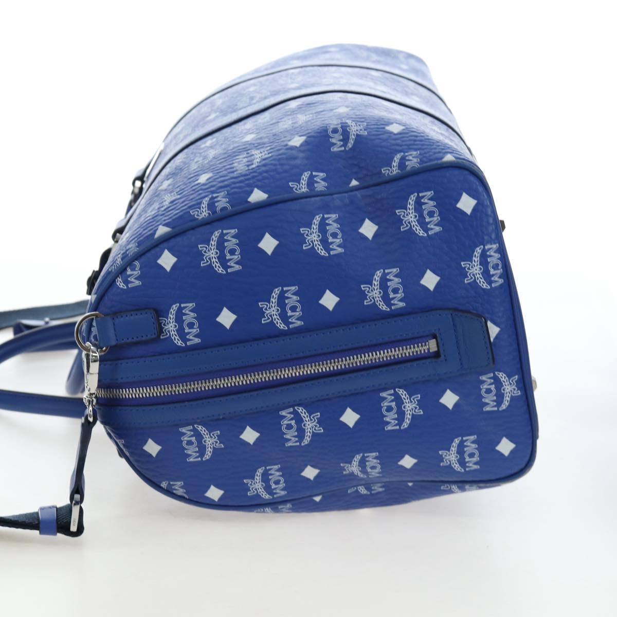 MCM Logogram Vicetos Mini Boston Bag Leather 2way Blue Silver Auth 193751V