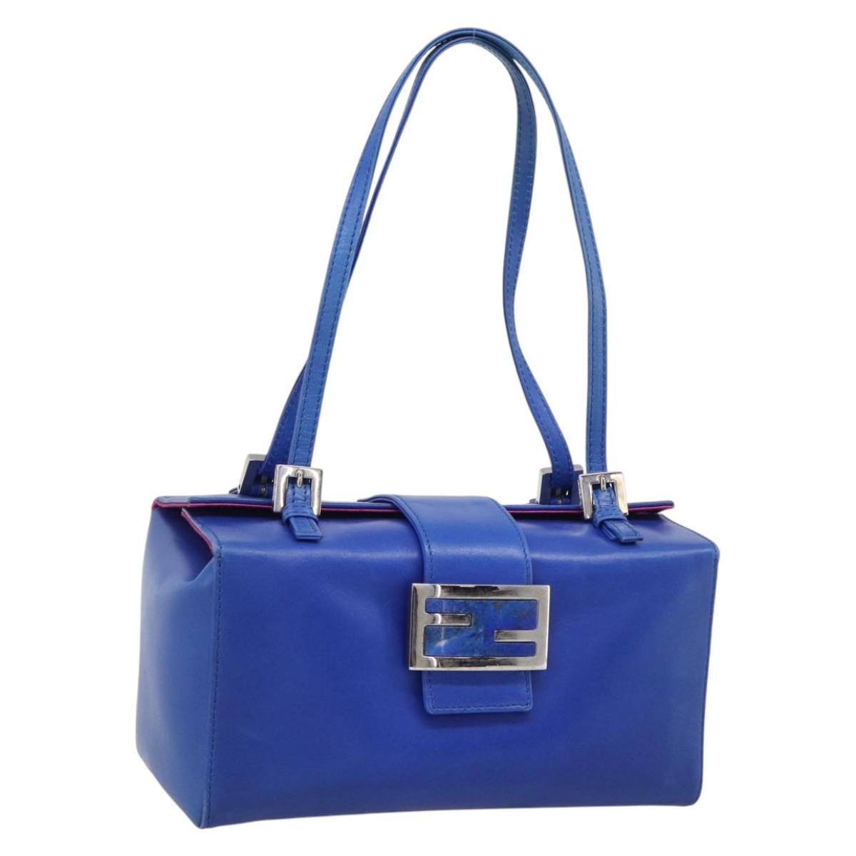 FENDI Mamma Baguette Shoulder Bag Leather Blue Silver Auth 193754V