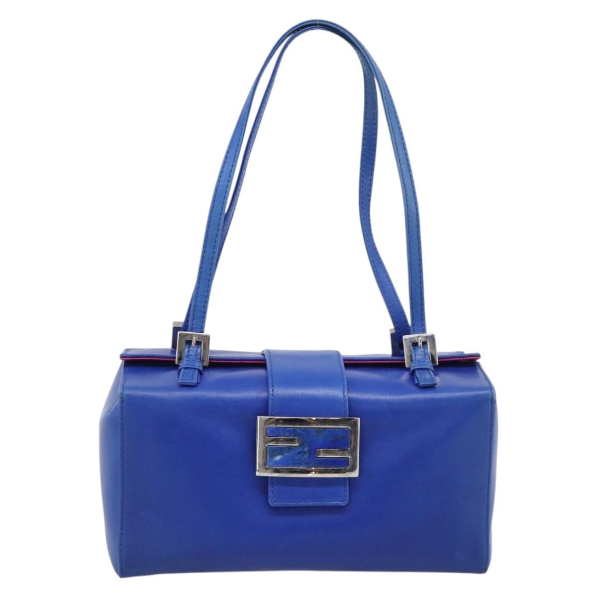 FENDI Mamma Baguette Shoulder Bag Leather Blue Silver Auth 193754V