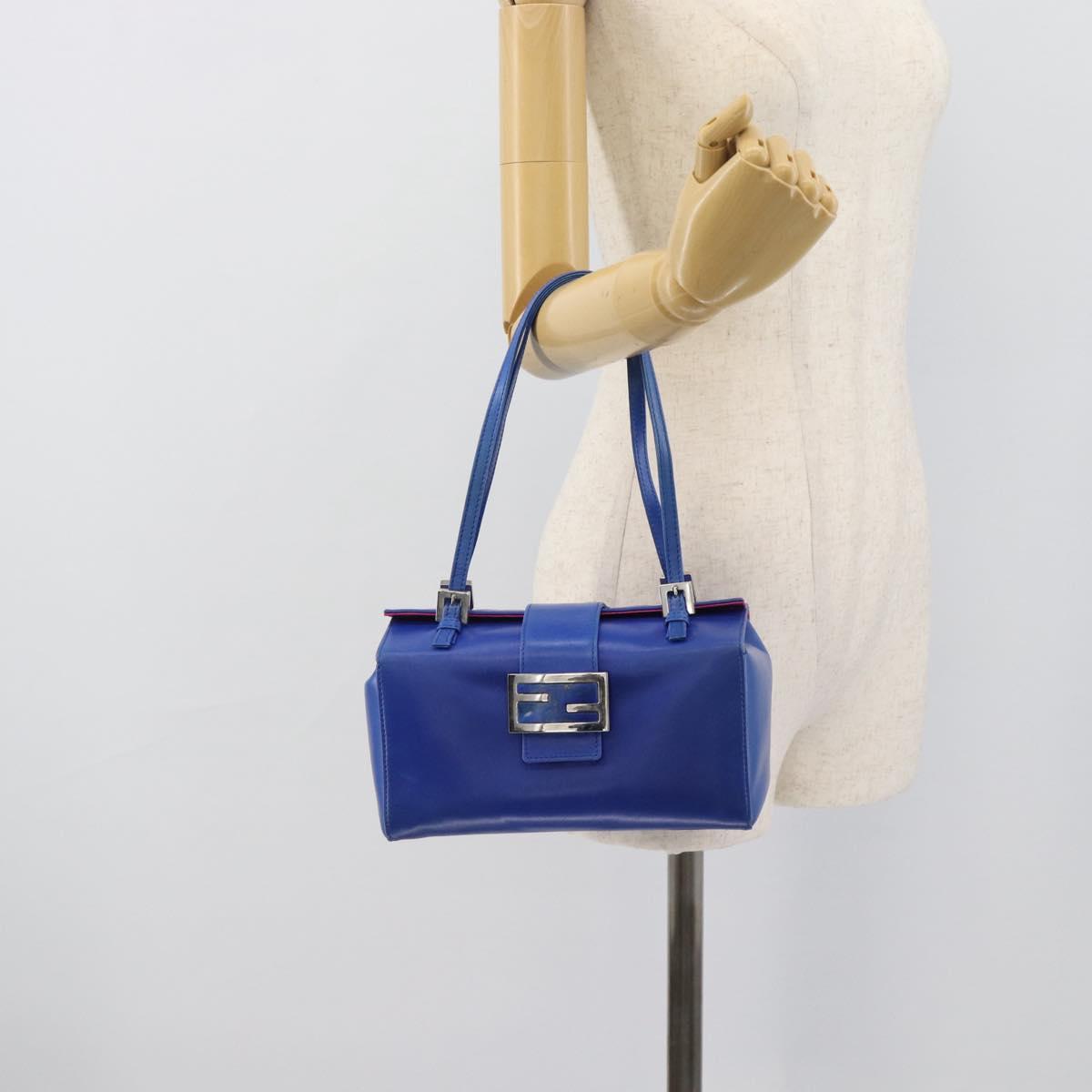 FENDI Mamma Baguette Shoulder Bag Leather Blue Silver Auth 193754V