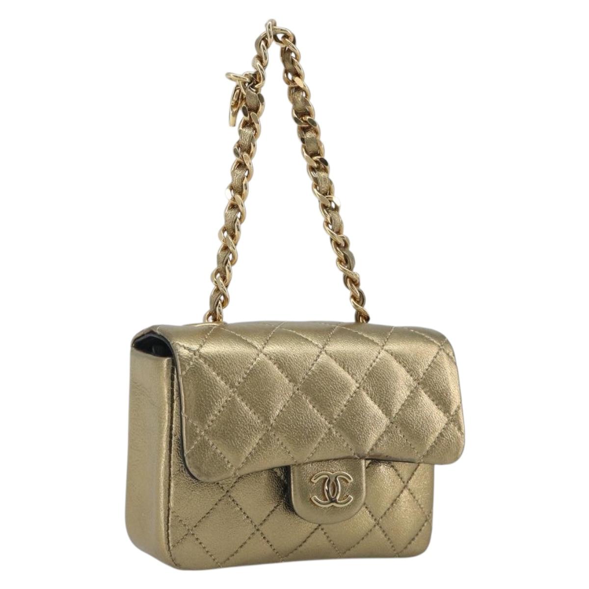 CHANEL Mini Mini Matelasse 10 Chain Hand Pouch Lamb Skin Gold CC Auth 193763A