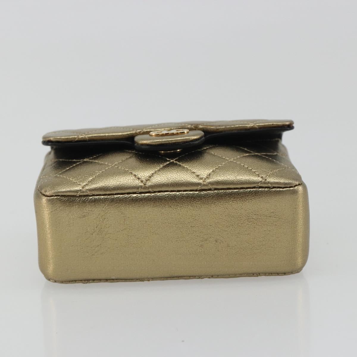 CHANEL Mini Mini Matelasse 10 Chain Hand Pouch Lamb Skin Gold CC Auth 193763A