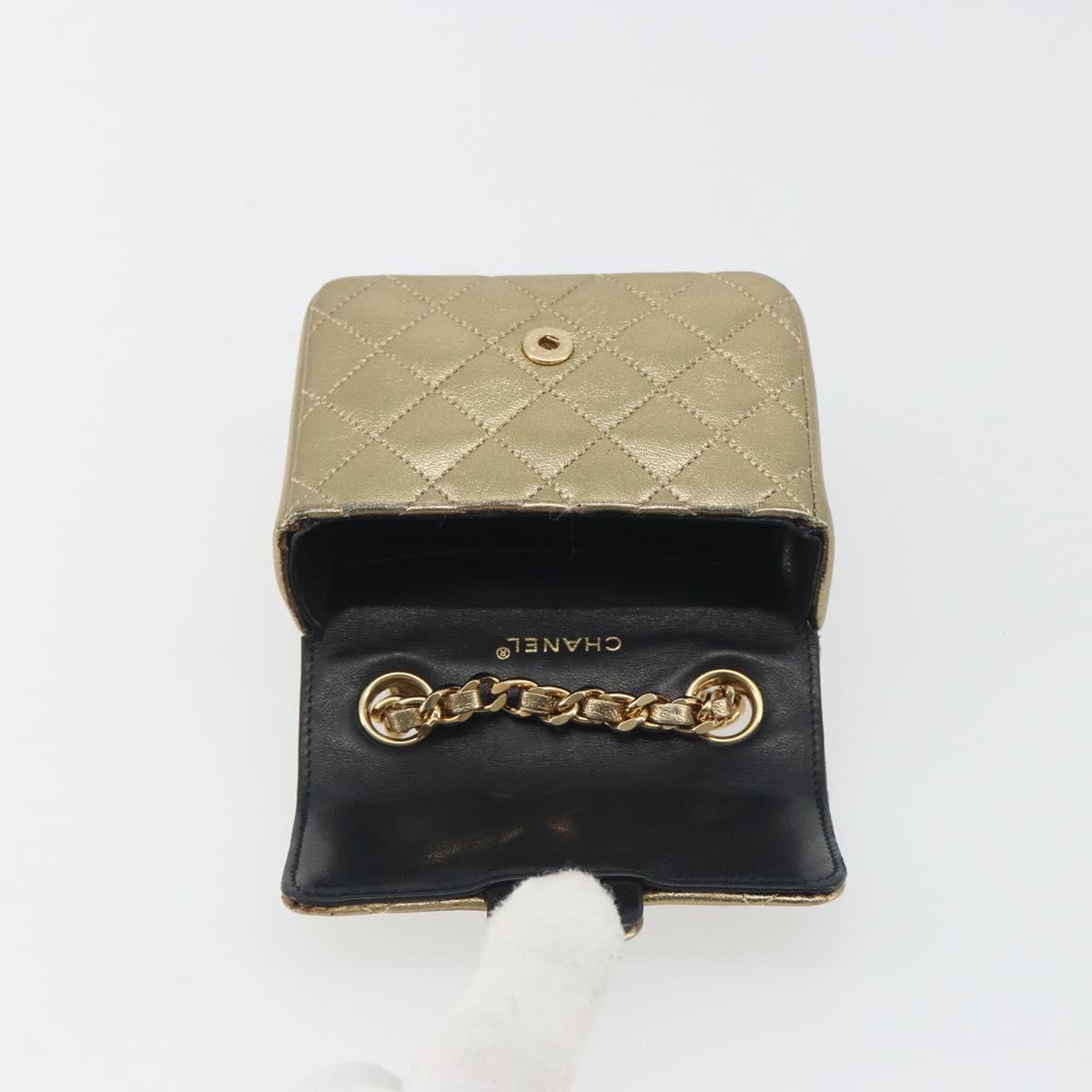 CHANEL Mini Mini Matelasse 10 Chain Hand Pouch Lamb Skin Gold CC Auth 193763A